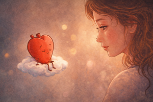 Srdíček na obláčku před ženou – léčivá pohádka o srdci a emocích.