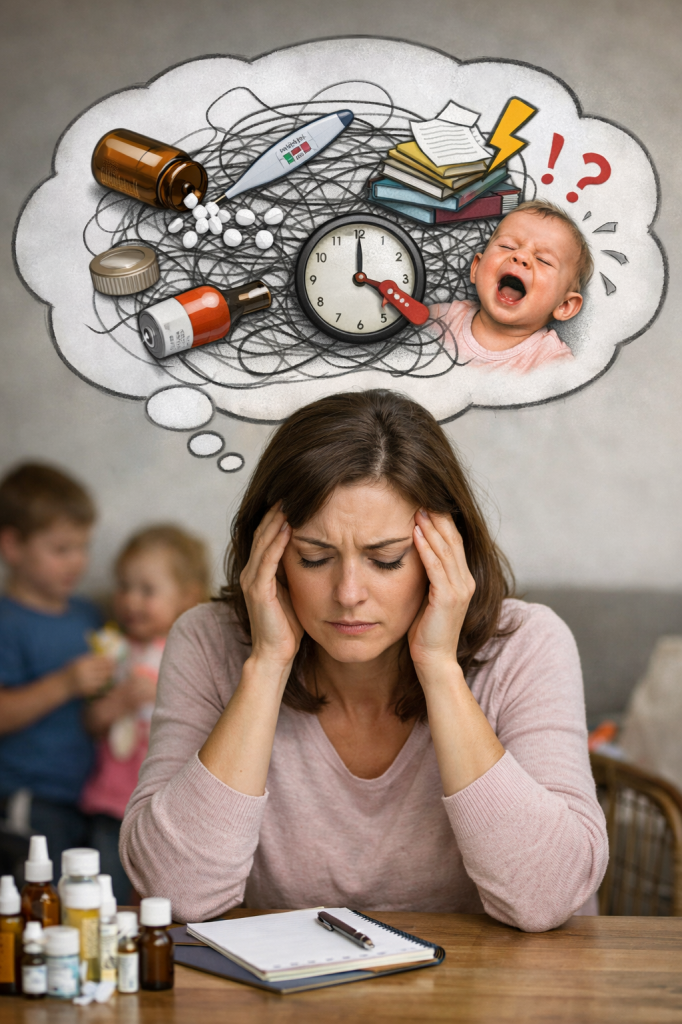 Maminka sedí u stolu s homeopatickými léky a zápisníkem, drží si hlavu v rukou, nad hlavou má bublinu plnou myšlenek – tablety, hodiny, dokumenty, pláčící dítě – pocit zahlcení a motání hlavy při domácí homeopati